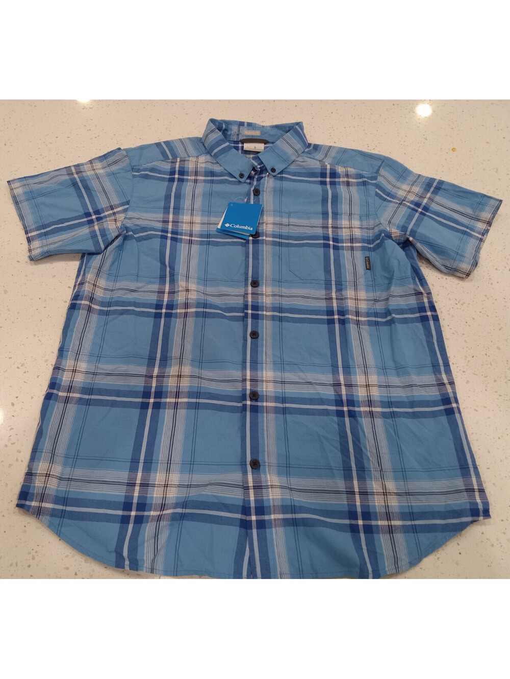 Columbia Shirt Mens Large Blue Multi Plaid Short Sleeve Button Down Regular NWT
